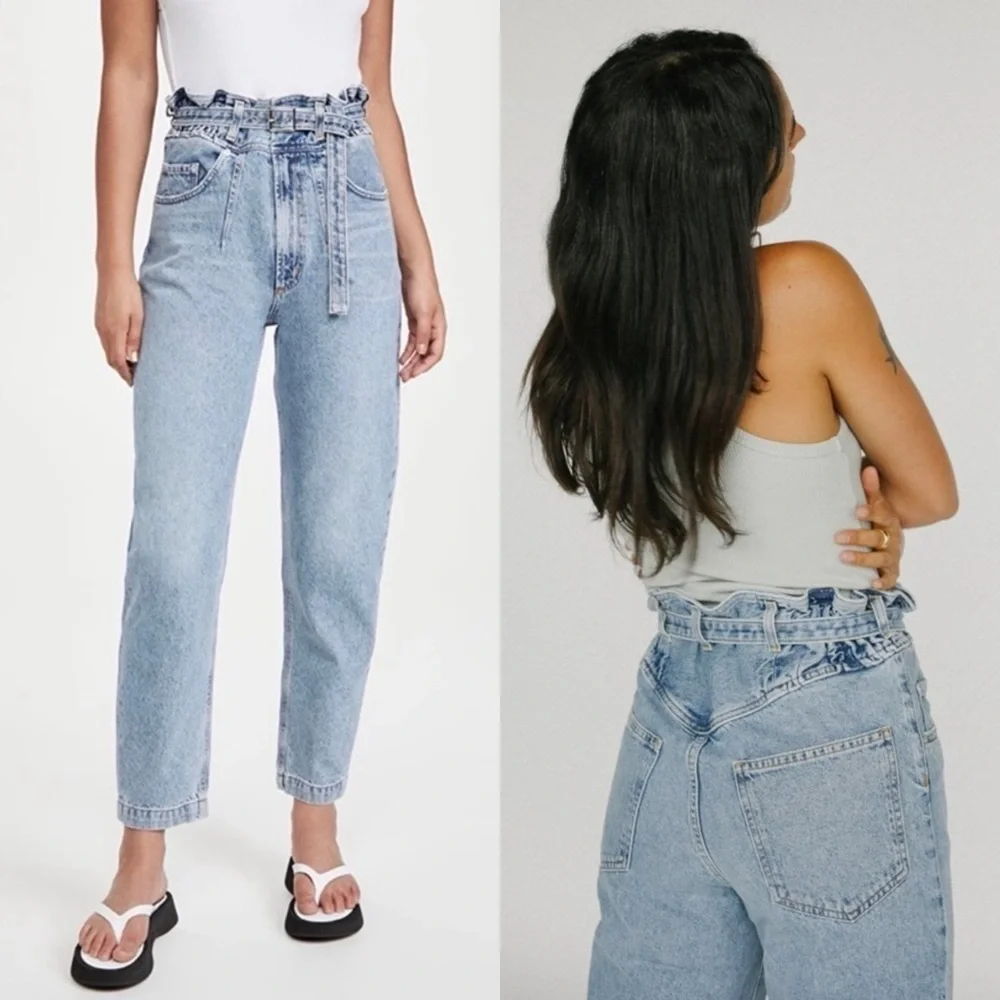 AGOLDE 90s High Rise Belted Paperbag Waist Organic Cotton Denim Tapered Jeans 28